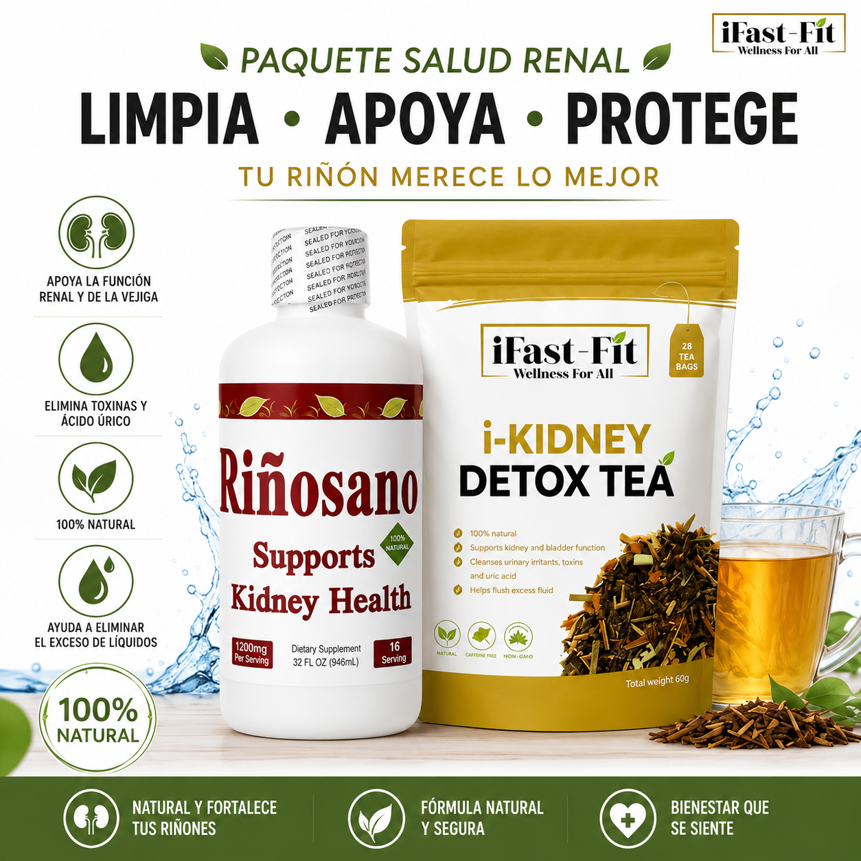 Paquete Salud Renal | Riñosano + i-Kidney Detox Tea | Limpia, Apoya y Protege